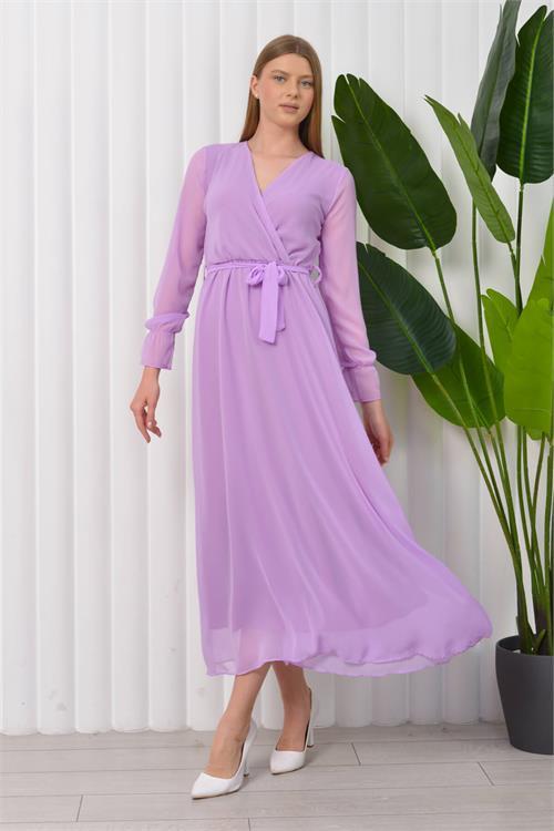 Dipmoda kadın bağlama detaylı uzun şifon elbise KTS003 - Lila 