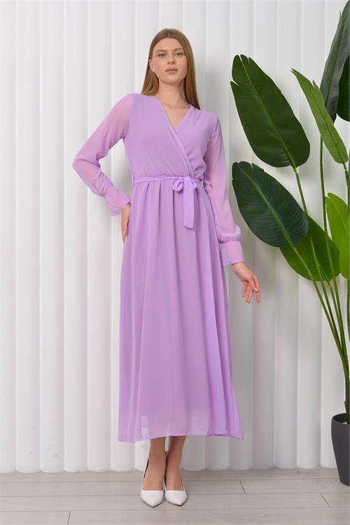 Dipmoda kadın bağlama detaylı uzun şifon elbise KTS003 - Lila 
