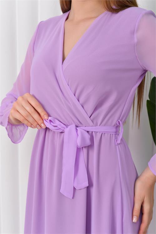 Dipmoda kadın bağlama detaylı uzun şifon elbise KTS003 - Lila 