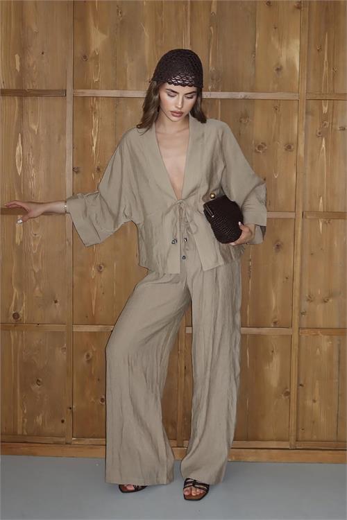 Dipmoda kadın bağlamalı bol kesim bej takım DPNP016