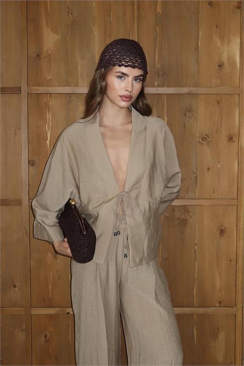 Dipmoda kadın bağlamalı bol kesim bej takım DPNP016