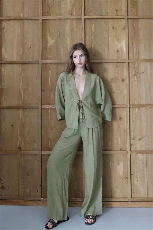 Dipmoda kadın bağlamalı bol kesim haki takım DPNP016