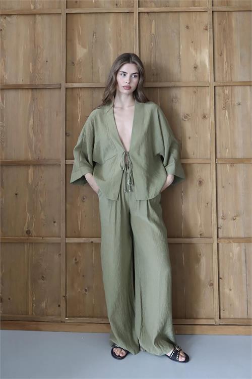 Dipmoda kadın bağlamalı bol kesim haki takım DPNP016