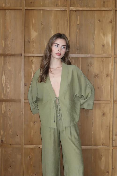 Dipmoda kadın bağlamalı bol kesim haki takım DPNP016