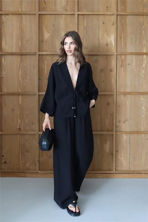 Dipmoda kadın bağlamalı bol kesim siyah takım DPNP016