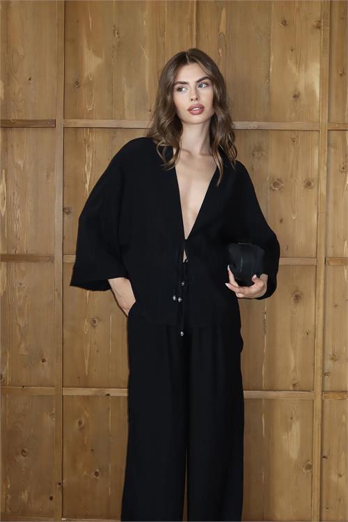 Dipmoda kadın bağlamalı bol kesim siyah takım DPNP016