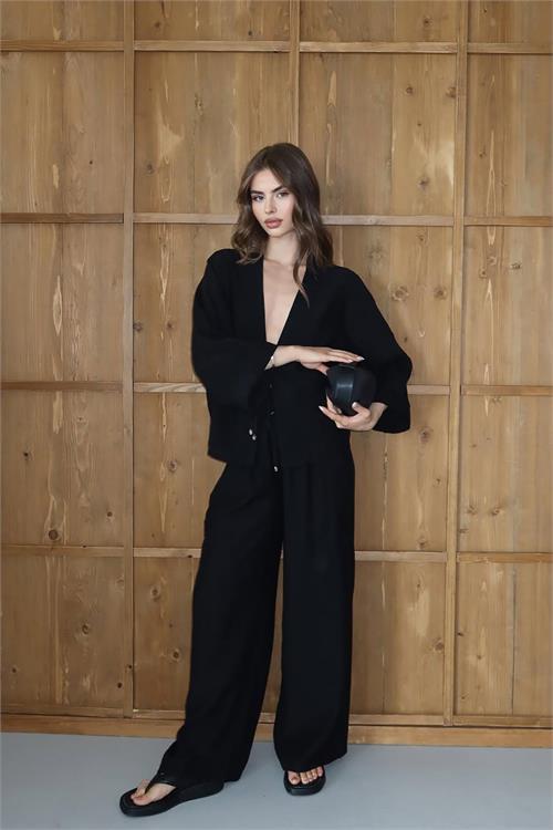 Dipmoda kadın bağlamalı bol kesim siyah takım DPNP016