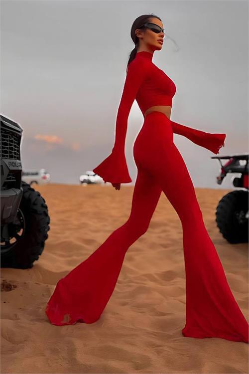 Dipmoda kadın balıkçı crop ispanyol paça pantolon ikili takım DPDF166