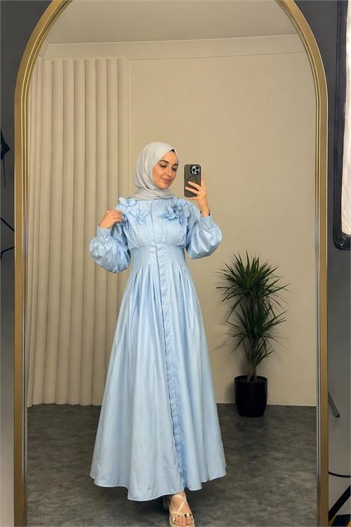 Dipmoda kadın bebe mavi belden oturtmalı çiçek detaylı premium tesettür elbise DPVQ4933