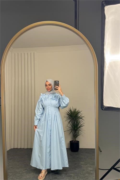 Dipmoda kadın bebe mavi belden oturtmalı çiçek detaylı premium tesettür elbise DPVQ4933