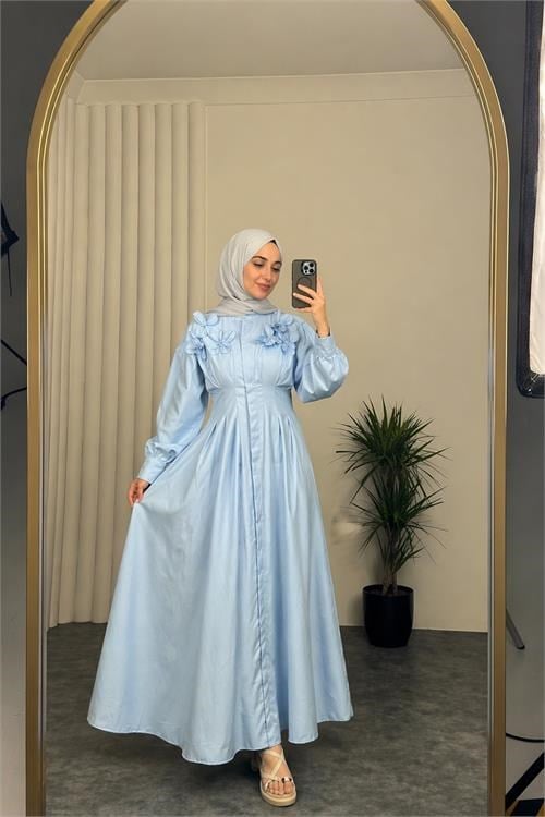 Dipmoda kadın bebe mavi belden oturtmalı çiçek detaylı premium tesettür elbise DPVQ4933