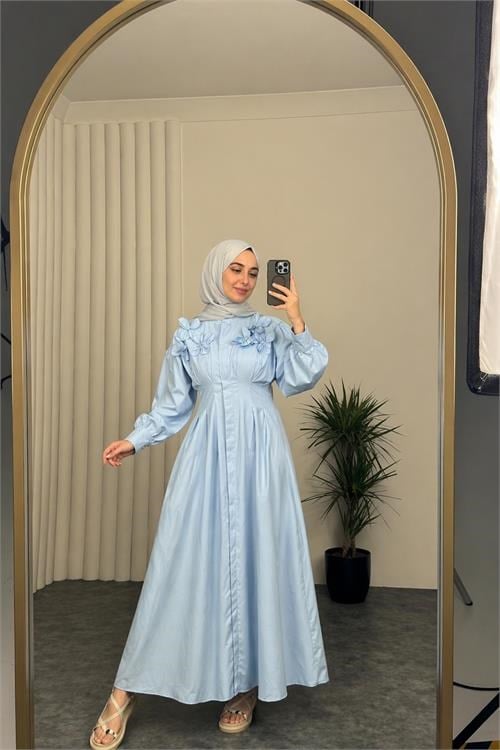 Dipmoda kadın bebe mavi belden oturtmalı çiçek detaylı premium tesettür elbise DPVQ4933