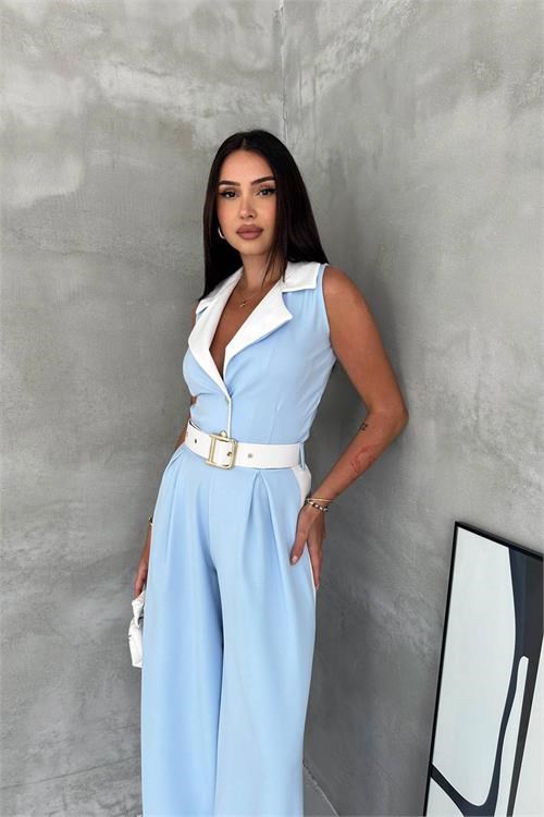 Dipmoda kadın bebe mavi çift renkli kemerli şerit detaylı tam boy kolsuz tulum DPK087