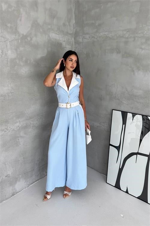 Dipmoda kadın bebe mavi çift renkli kemerli şerit detaylı tam boy kolsuz tulum DPK087