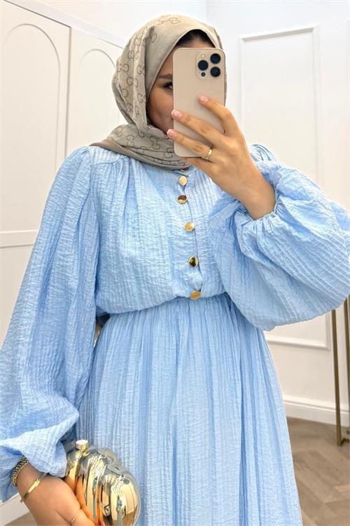 Dipmoda kadın bebe mavi eteği fırfırlı düğme detaylı pamuklu salaş tesettür elbise NMS086