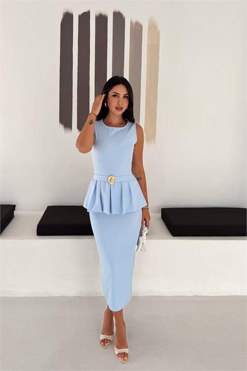 Dipmoda kadın bebe mavi kolsuz peplum kesim midi boy kemer tokalı elbise DPK4640
