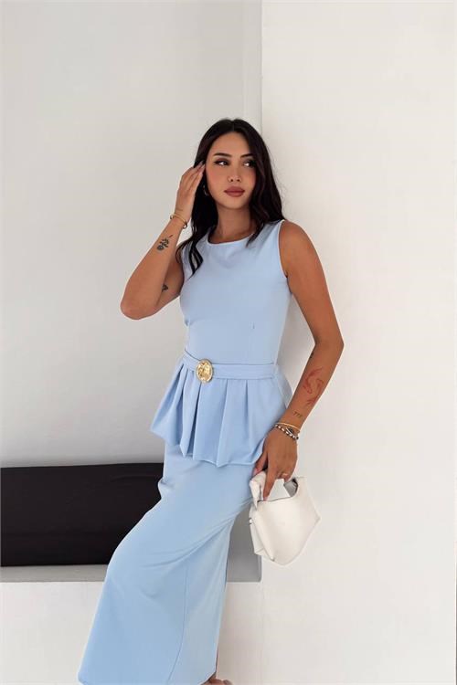 Dipmoda kadın bebe mavi kolsuz peplum kesim midi boy kemer tokalı elbise DPK4640
