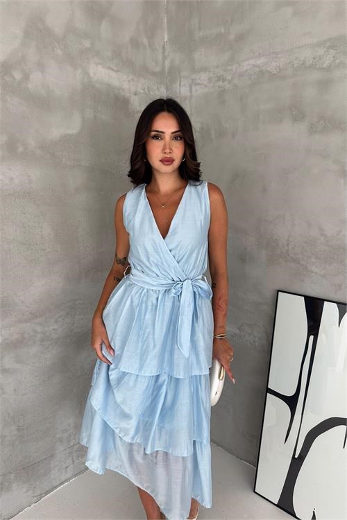 Dipmoda kadın bebe mavi kruvaze yaka kat kat kuşaklı midi boy elbise DPK4674