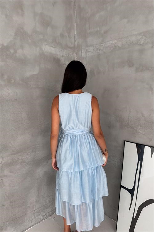 Dipmoda kadın bebe mavi kruvaze yaka kat kat kuşaklı midi boy elbise DPK4674