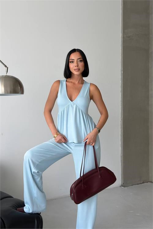 Dipmoda kadın bebe mavi modal kumaş volanlı atlet geniş paça pantolon yazlık ikili takım DPG132