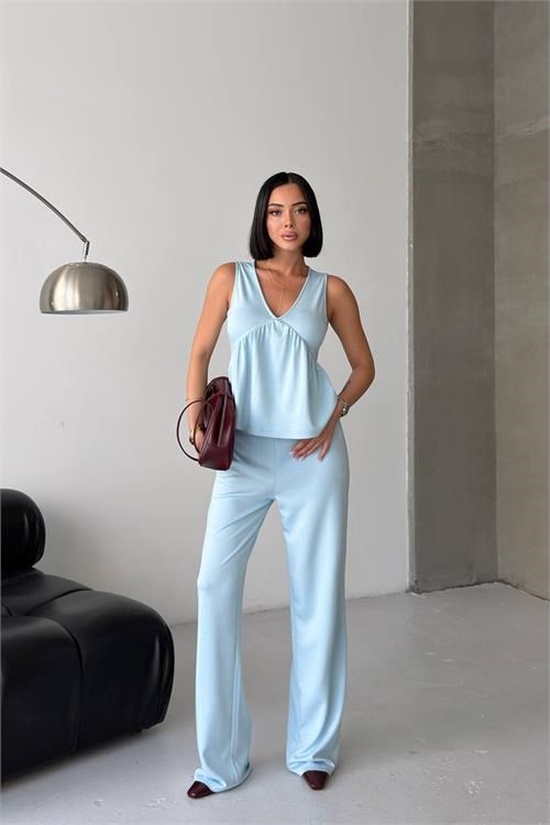Dipmoda kadın bebe mavi modal kumaş volanlı atlet geniş paça pantolon yazlık ikili takım DPG132