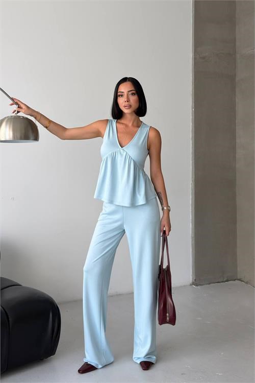 Dipmoda kadın bebe mavi modal kumaş volanlı atlet geniş paça pantolon yazlık ikili takım DPG132