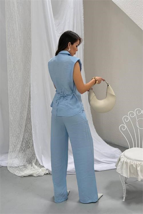 Dipmoda kadın bebe mavi tensel kumaş düğme detaylı bağlamalı ikili takım DPNP029