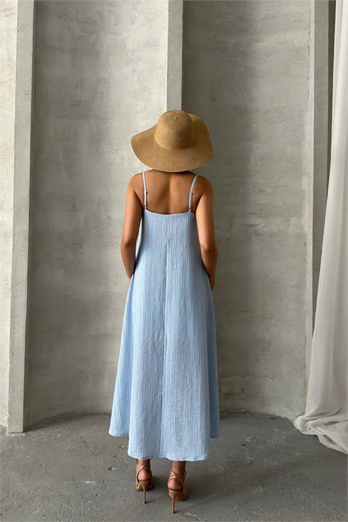 Dipmoda kadın bebe mavisi ayarlanabilir askılı salaş elbise DPG090