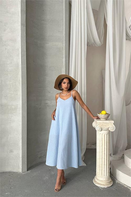 Dipmoda kadın bebe mavisi ayarlanabilir askılı salaş elbise DPG090