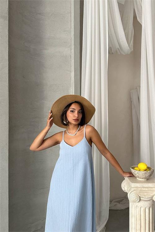 Dipmoda kadın bebe mavisi ayarlanabilir askılı salaş elbise DPG090