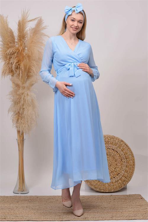 Dipmoda kadın bebe mavisi baby shower şifon hamile elbise HML003 