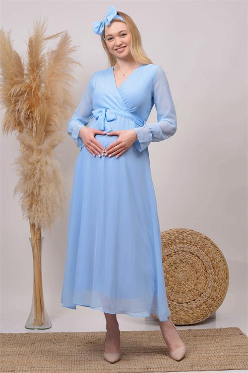 Dipmoda kadın bebe mavisi baby shower şifon hamile elbise HML003 