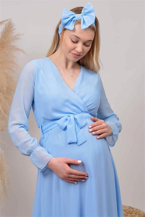 Dipmoda kadın bebe mavisi baby shower şifon hamile elbise HML003 
