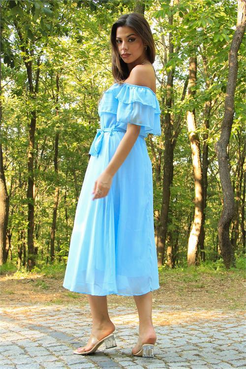 Dipmoda kadın bebe mavisi kuşaklı madonna yaka baby shower elbise NB8060 