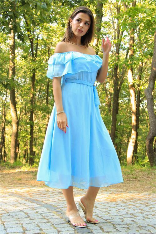 Dipmoda kadın bebe mavisi kuşaklı madonna yaka baby shower elbise NB8060 
