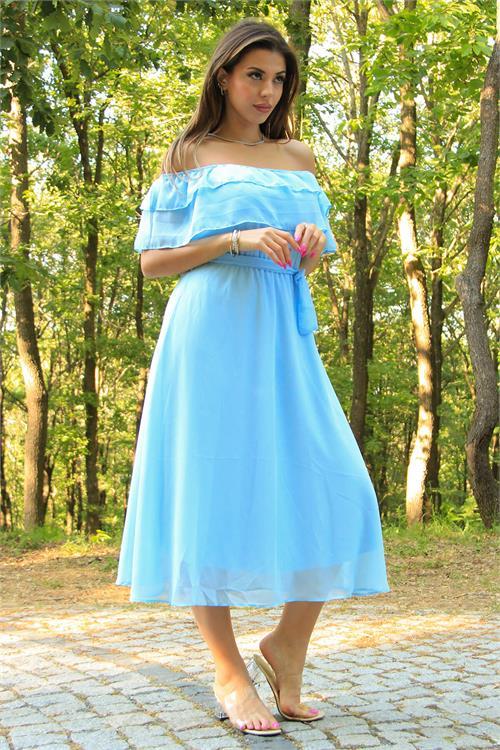 Dipmoda kadın bebe mavisi kuşaklı madonna yaka baby shower elbise NB8060 