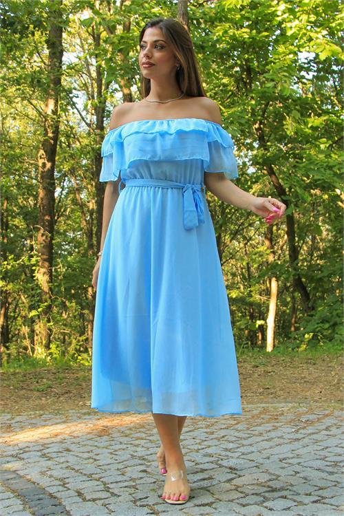 Dipmoda kadın bebe mavisi kuşaklı madonna yaka baby shower elbise NB8060 