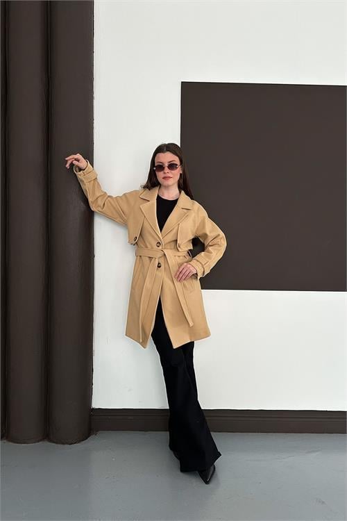 Dipmoda kadın bej astarlı kısa boy kuşaklı kaşe kaban RYKBN03