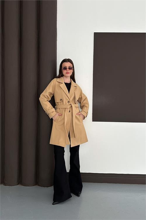 Dipmoda kadın bej astarlı kısa boy kuşaklı kaşe kaban RYKBN03