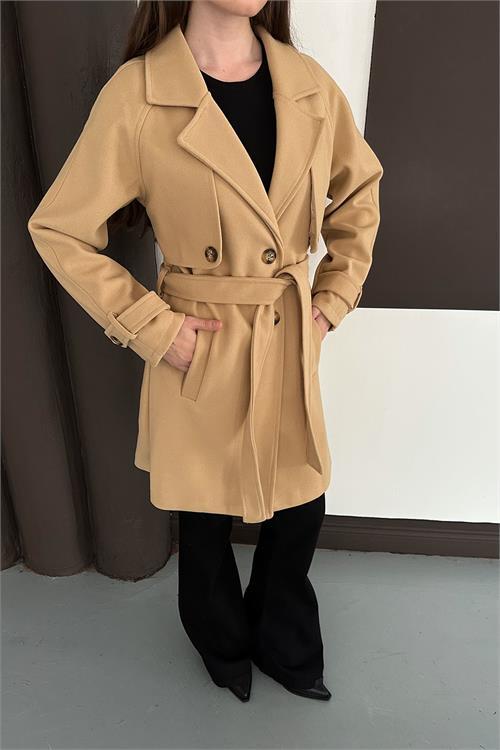 Dipmoda kadın bej astarlı kısa boy kuşaklı kaşe kaban RYKBN03