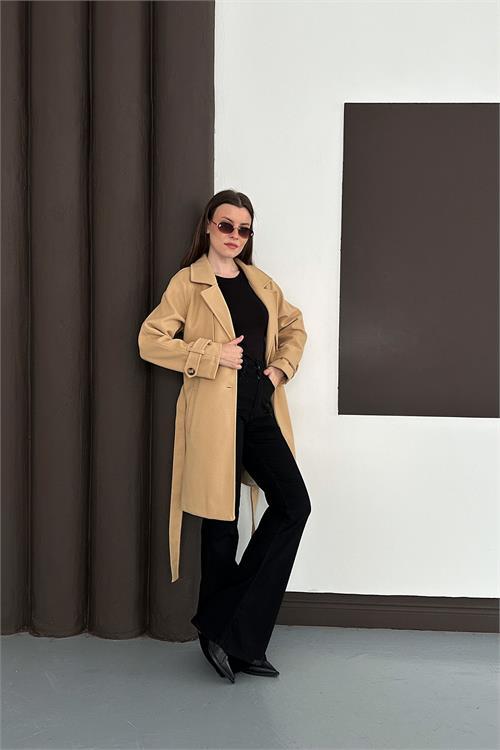 Dipmoda kadın bej astarlı kısa boy kuşaklı kaşe kaban RYKBN03