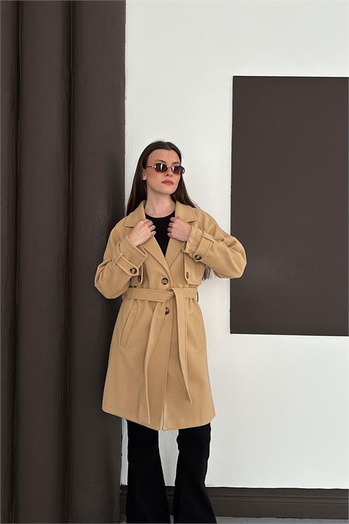 Dipmoda kadın bej astarlı kısa boy kuşaklı kaşe kaban RYKBN03