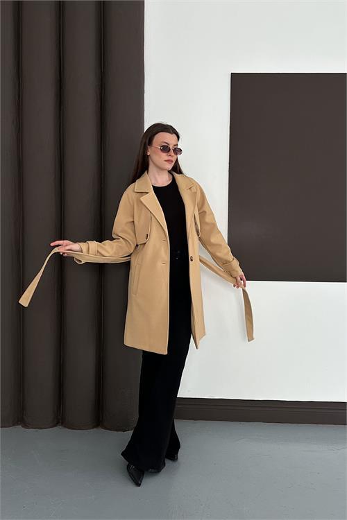 Dipmoda kadın bej astarlı kısa boy kuşaklı kaşe kaban RYKBN03