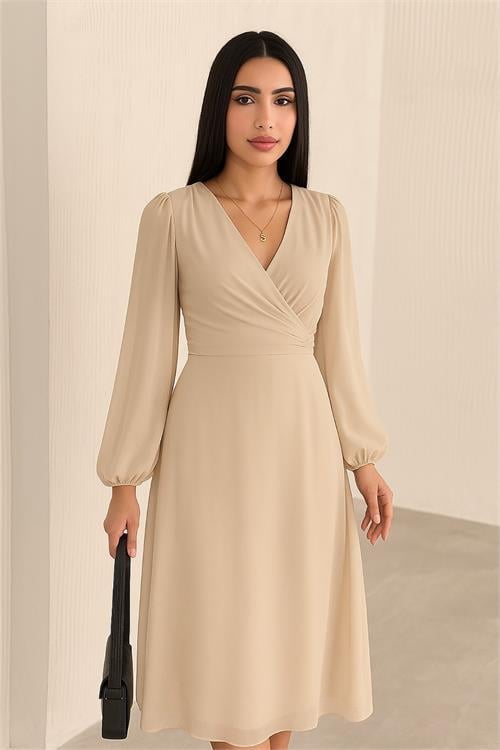 Dipmoda kadın bej astarlı şifon elbise DPK30281