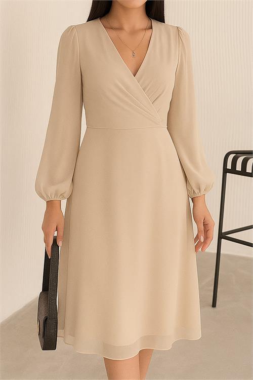 Dipmoda kadın bej astarlı şifon elbise DPK30281