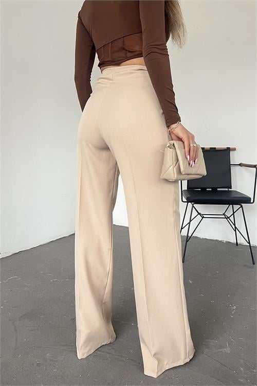Dipmoda kadın bej bol paça palazzo kumaş pantolon QNS036 