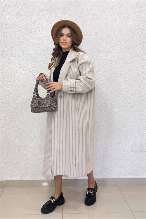 Dipmoda kadın bej çizgili oversize kaşe kaban NBSHNZ08