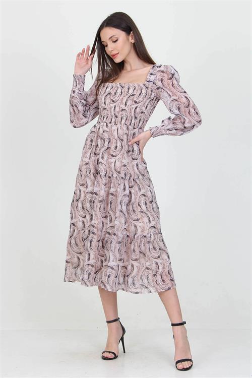 Dipmoda kadın bej desenli kare yaka gipeli şifon elbise NB100361 