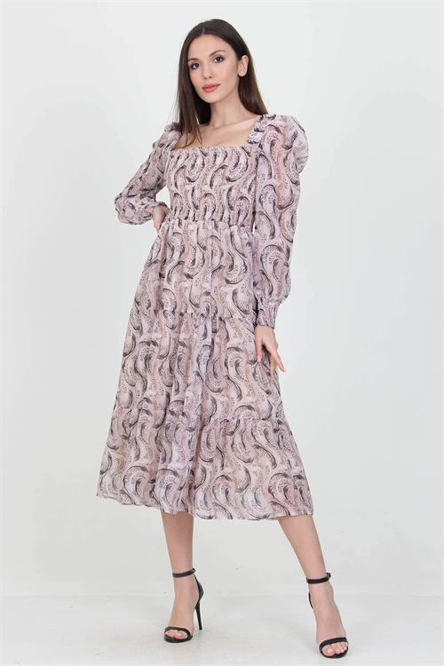Dipmoda kadın bej desenli kare yaka gipeli şifon elbise NB100361 