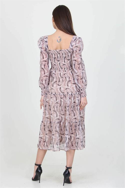 Dipmoda kadın bej desenli kare yaka gipeli şifon elbise NB100361 